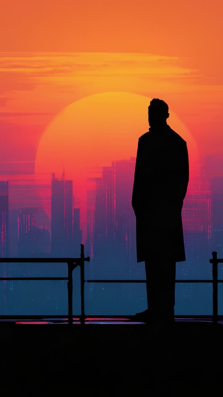 Una figura solitaria se alza en silueta contra una impresionante puesta de sol, con vistas a un horizonte urbano que resplandece con un cálido tono anaranjado, irradiando una sensación de calma y reflexión