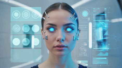 futuristic cyborg woman with glowing eyes and holographic interface