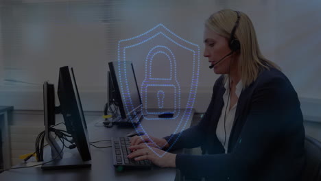 animation of security shield and light over businesswoman wearing headset