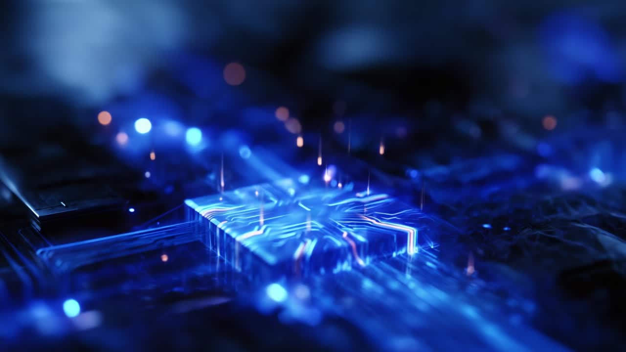 A mesmerizing digital landscape depicting intricate circuitry illuminated by vibrant blue lights, showcasing the elegance and complexity of modern technology in a captivating visual display