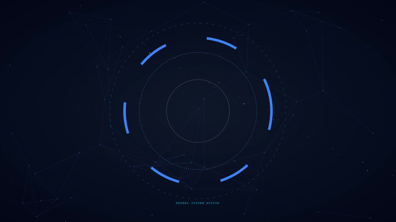 Digital HUD Interface with Rotating Circular Elements and Network Connections