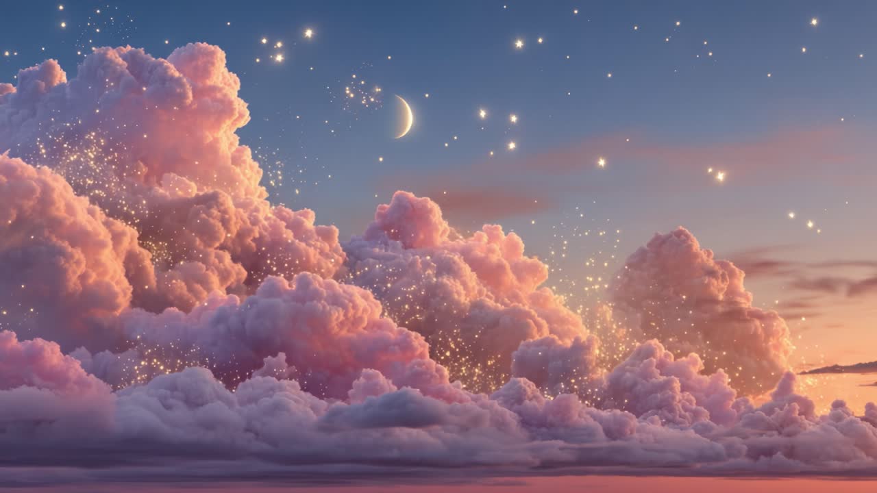 A Breathtaking Celestial Scene Capturing the Beauty of Wispy Clouds Illuminated by Stars and a Delicate Crescent Moon at Dusk