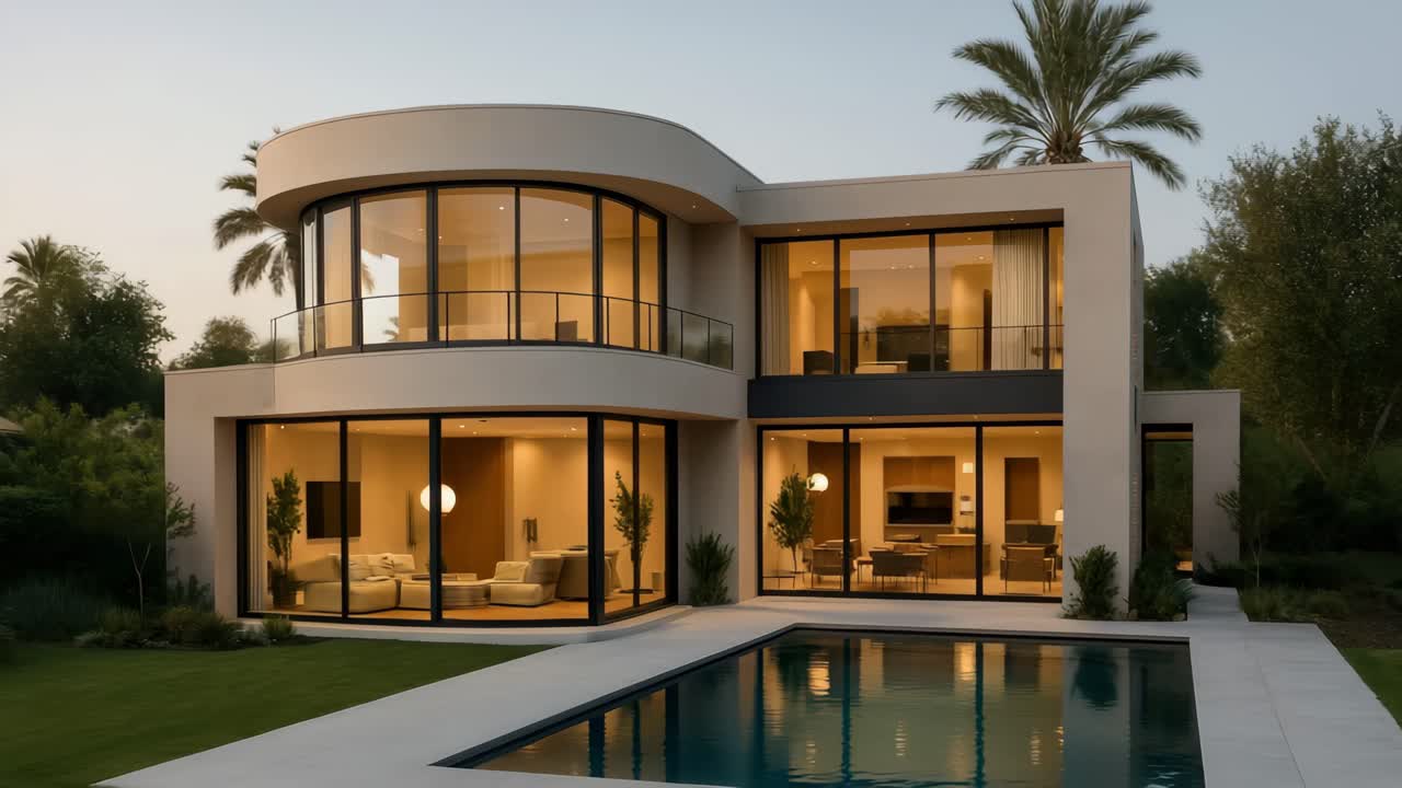 Casa de lujo moderna con diseño elegante, grandes ventanales de cristal y piscina