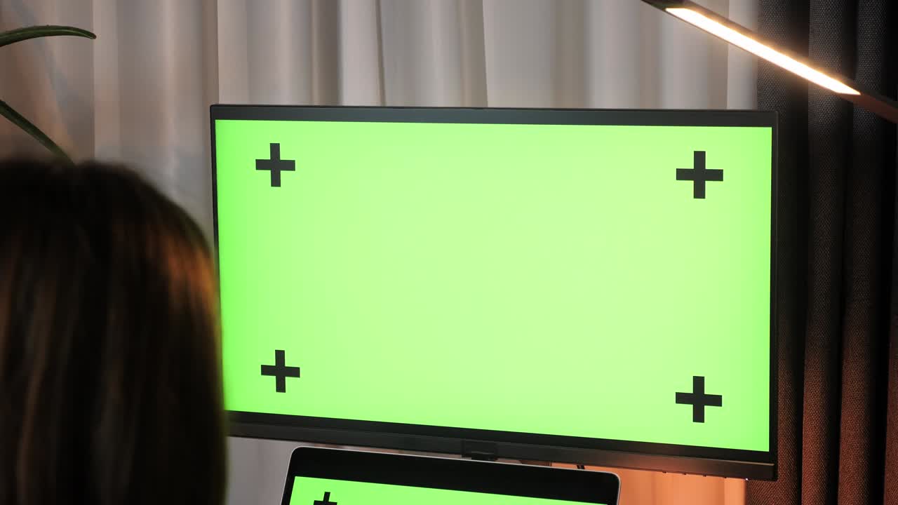 컴퓨터 모형 녹색 화면 디스플레이: 노트북 컴퓨터를 사용하는 심각한 초점 여성, 재무 보고서를 수행, 책상 사무실에 앉아, 컴퓨터 키보드에서 여성 문자, 화면을보고.