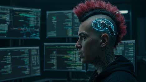 cyberpunk hacker in futuristic setting explores digital realms while interacting with advanced ai technology