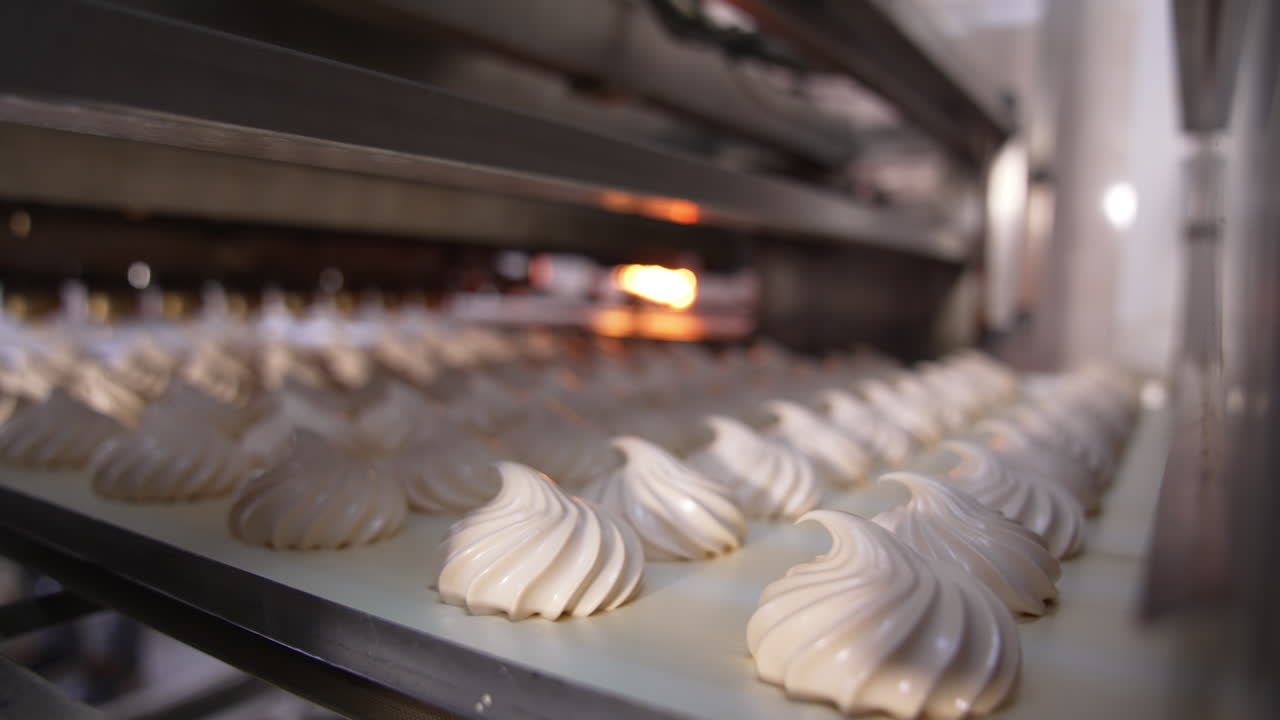 Conveyor belt moving slowly carrying freshly-made marshmallows. Creamy sweets manufacturing at food factory. Close up. Sweet backdrop.