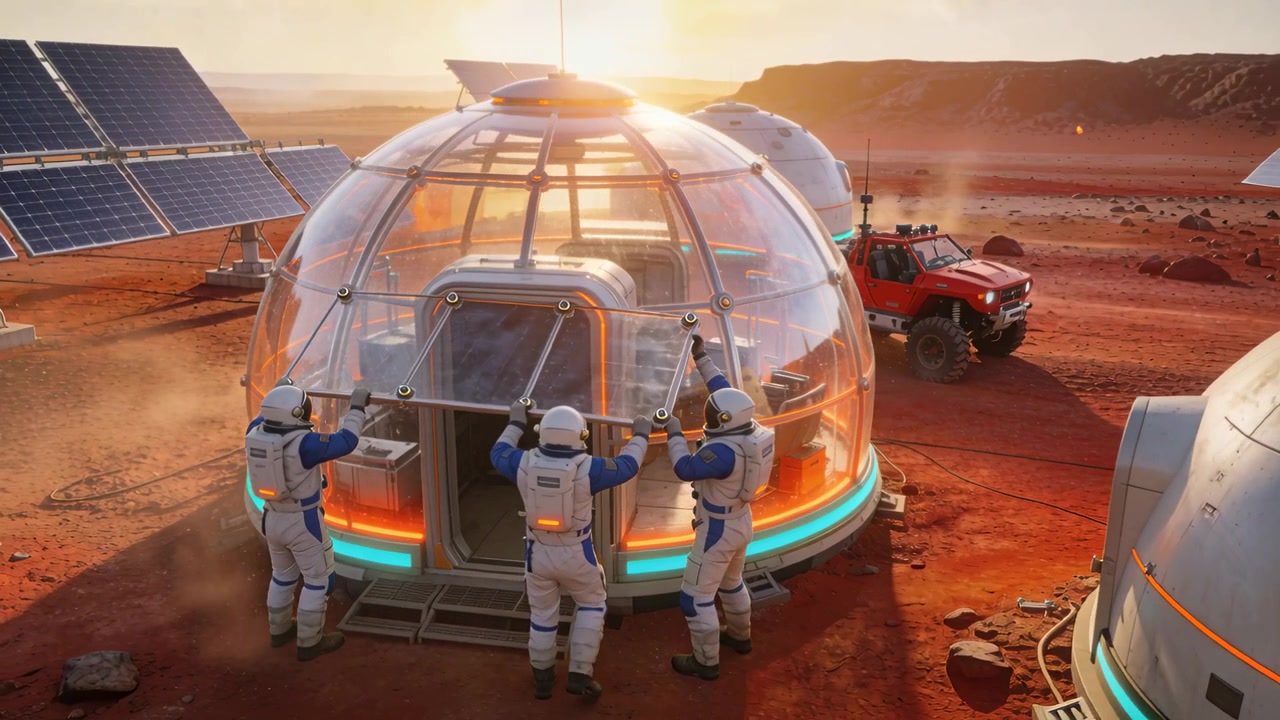 Equipo de cierre con trajes blancos trabajando para bajar la escotilla transparente en la entrada de la cúpula para el rover que llega