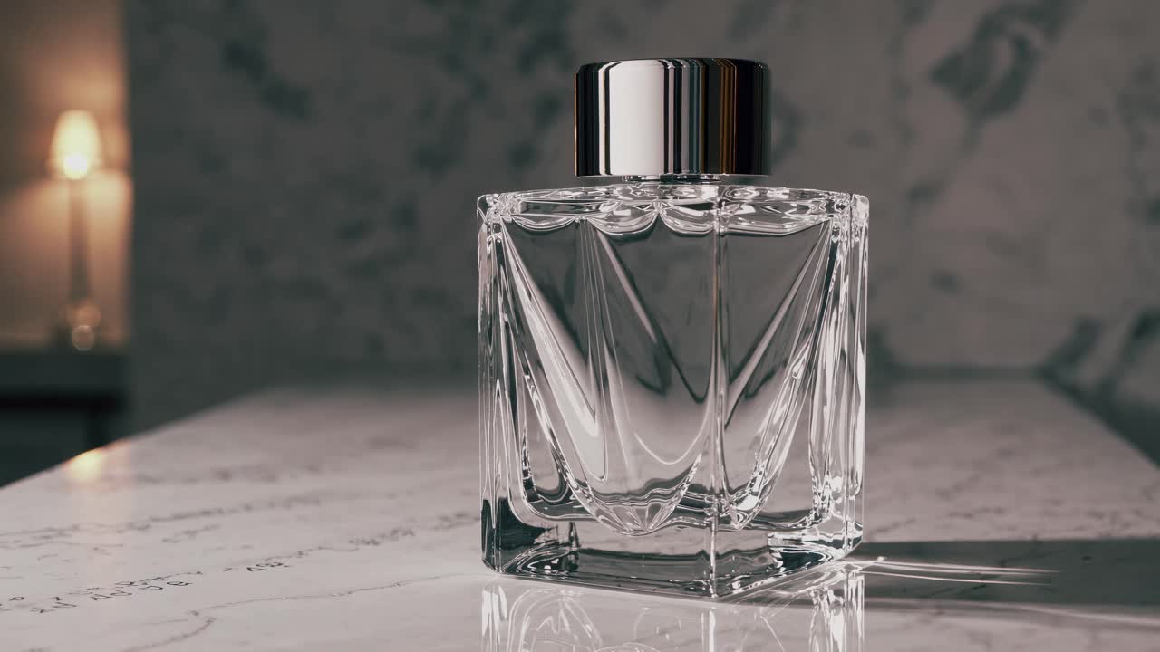 Elegante bottiglia di profumo su una superficie di marmo, ripresa dal basso.