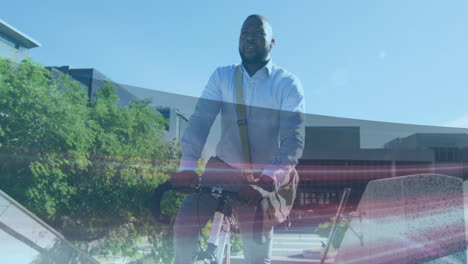 animation of glowing light trails over african american businessman cycling in city