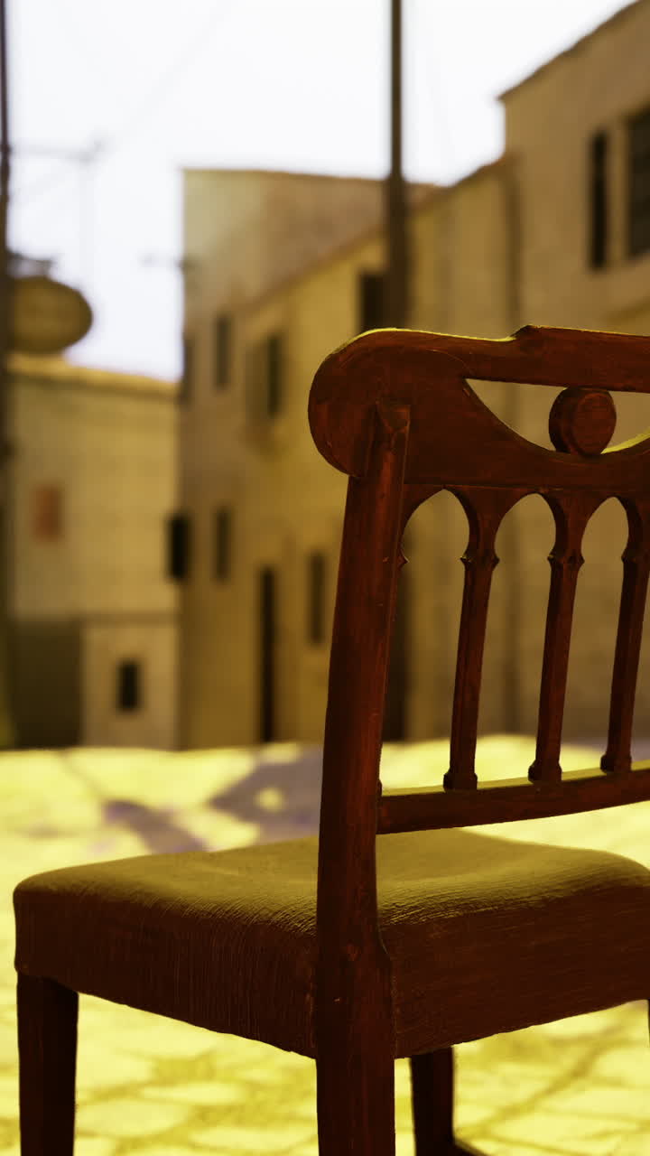 Chair positioned on cobblestone street in historic town at sunset time