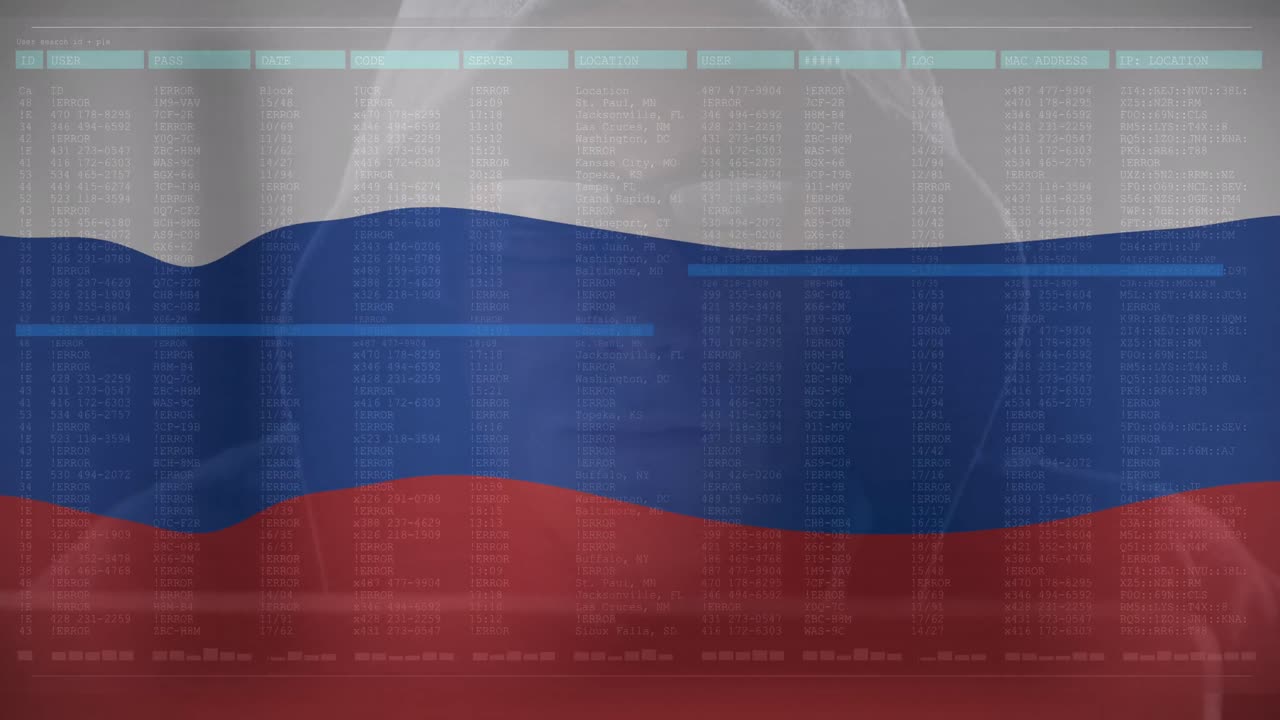Animering av kaukasisk manlig hacker och databehandling över Rysslands flagga