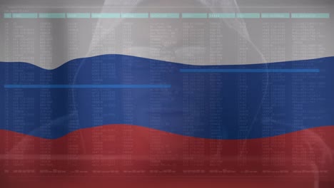 animation caucasian male hacker and data processing over flag of russia