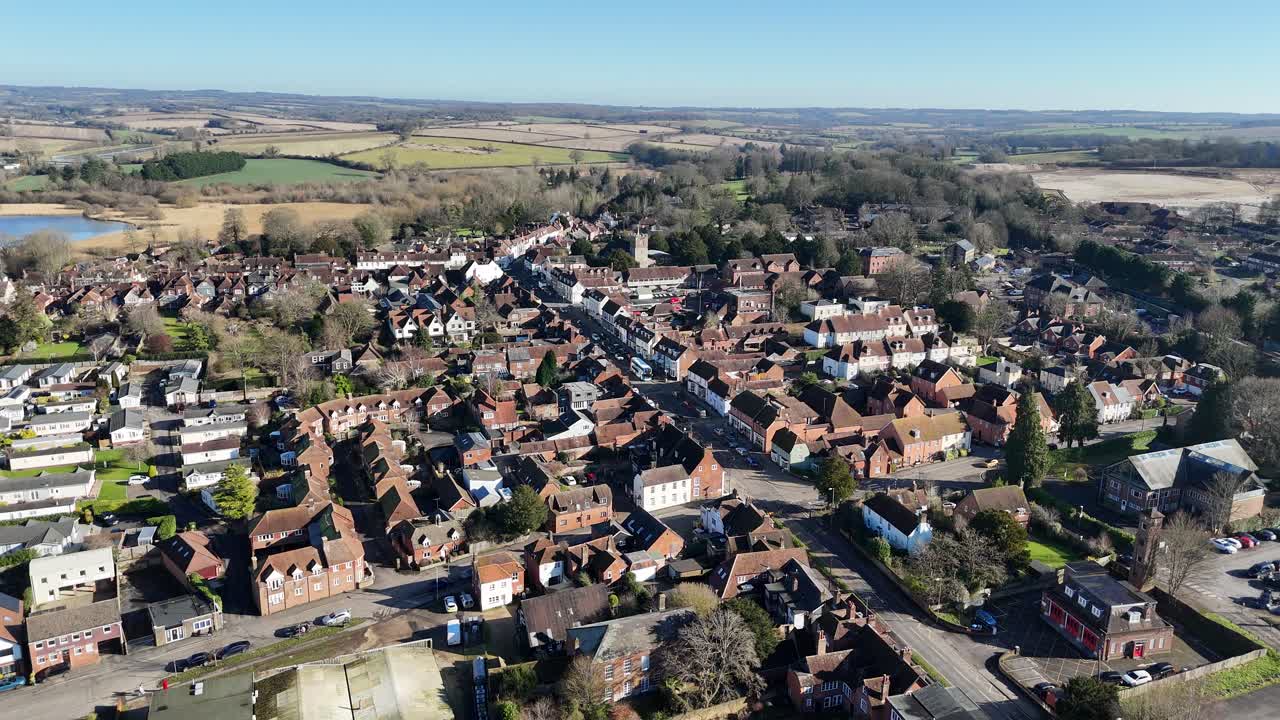 Alresford Market Town Hampshire UK pull back drone aerial reverse reveal