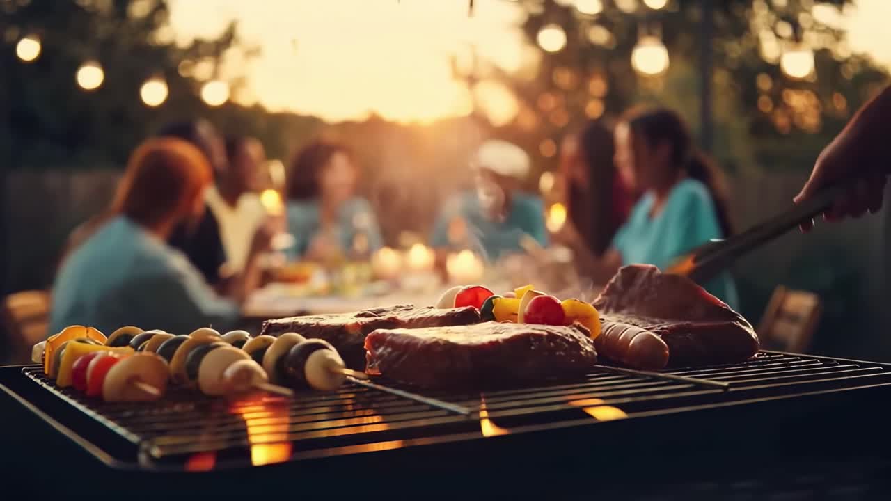 Scena calda di barbecue al tramonto con amici. Primo piano sulla griglia. Perfetto per un video estivo.