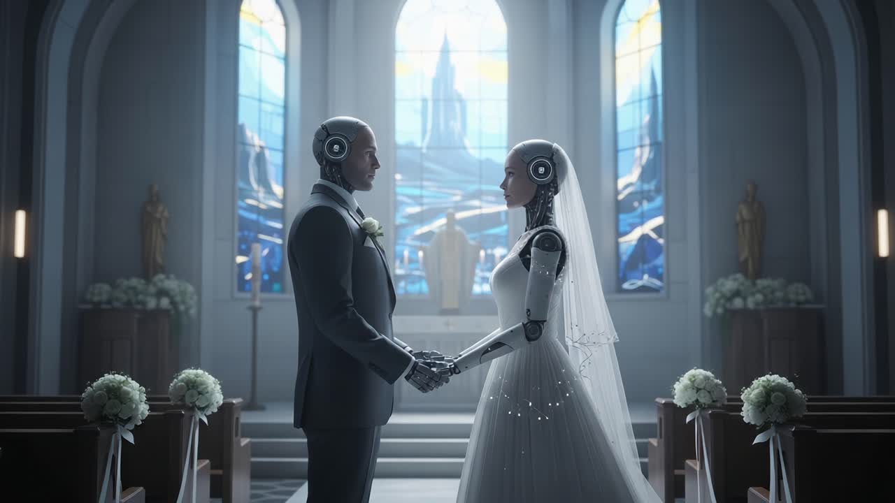 A Futuristic Robotic Marriage Ceremony Unfolds as Two Androids Stand Together in a Stunningly Designed Chapel Surrounded by Spiritual Symbolism and Elegance