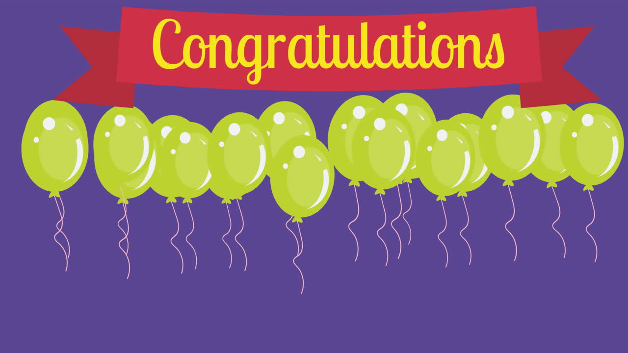 Animation of congratulations text over green balloons on purple background
