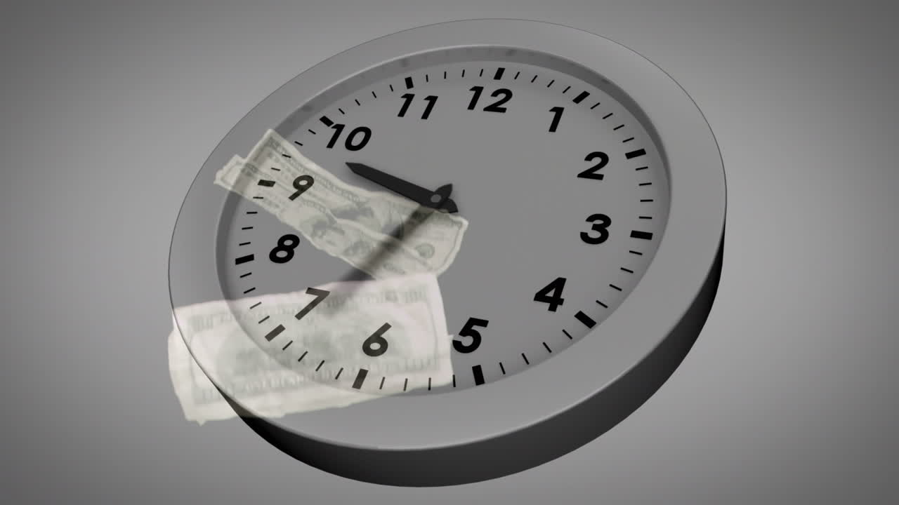Animation of clock ticking over american dollar bills