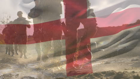 animation of flag of england over diverse soldiers with armour