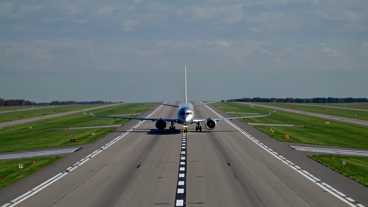 A wide-angle shot captures a plane on a runway, emphasizing symmetry and motion