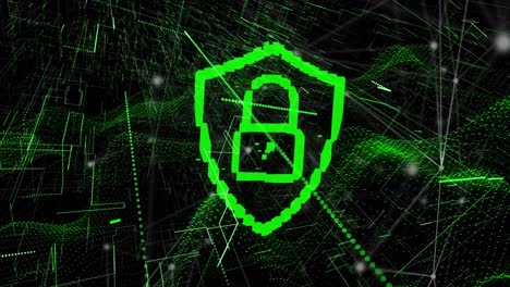 seguridad cibernética sobre el icono del escudo y la red de conexiones contra los senderos de luz verde