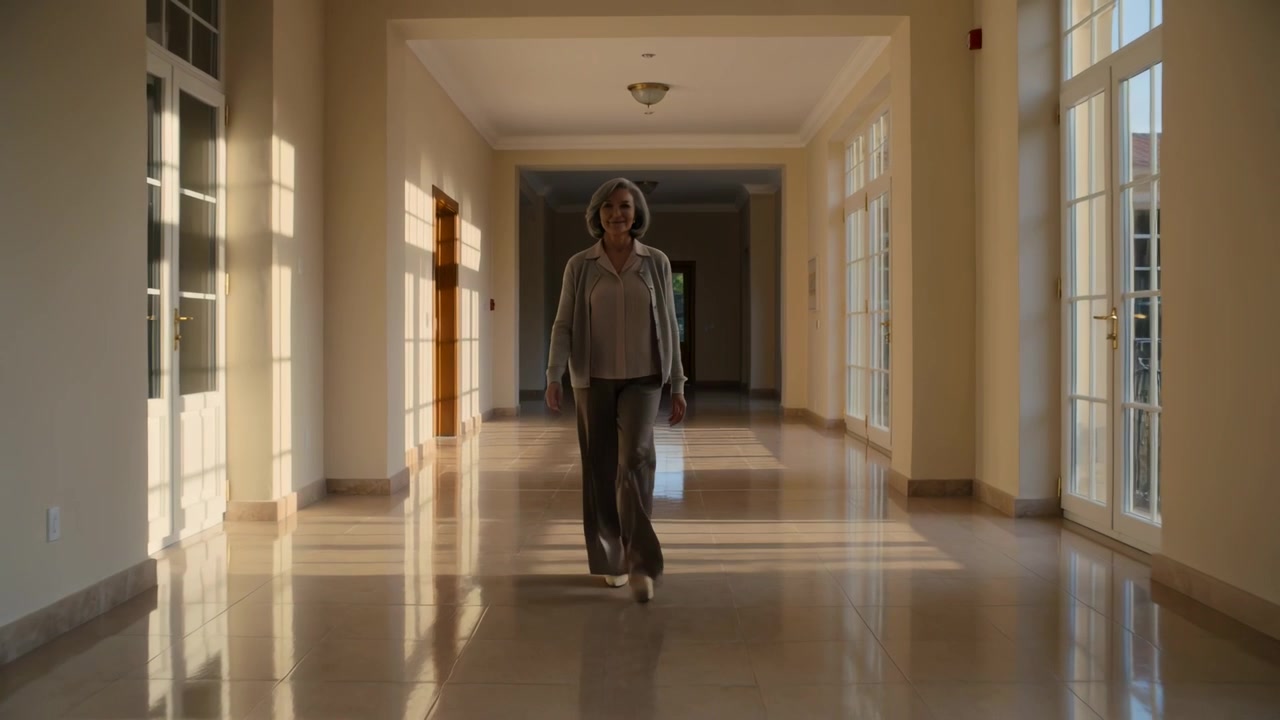 Partendo dall'estremità lontana, una donna in camicetta cammina con determinazione verso lo spettatore lungo il corridoio su un pavimento illuminato dal sole.