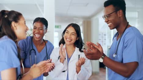 happy doctors, team and support with medical