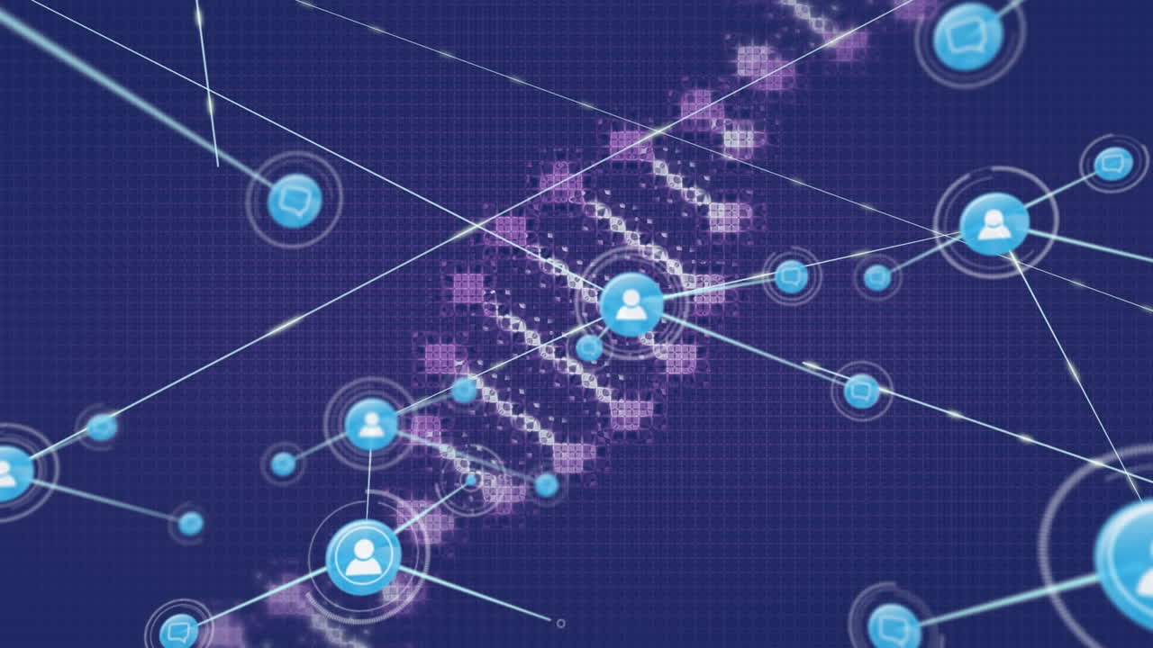 Animation of network of connections with icons and dna strand