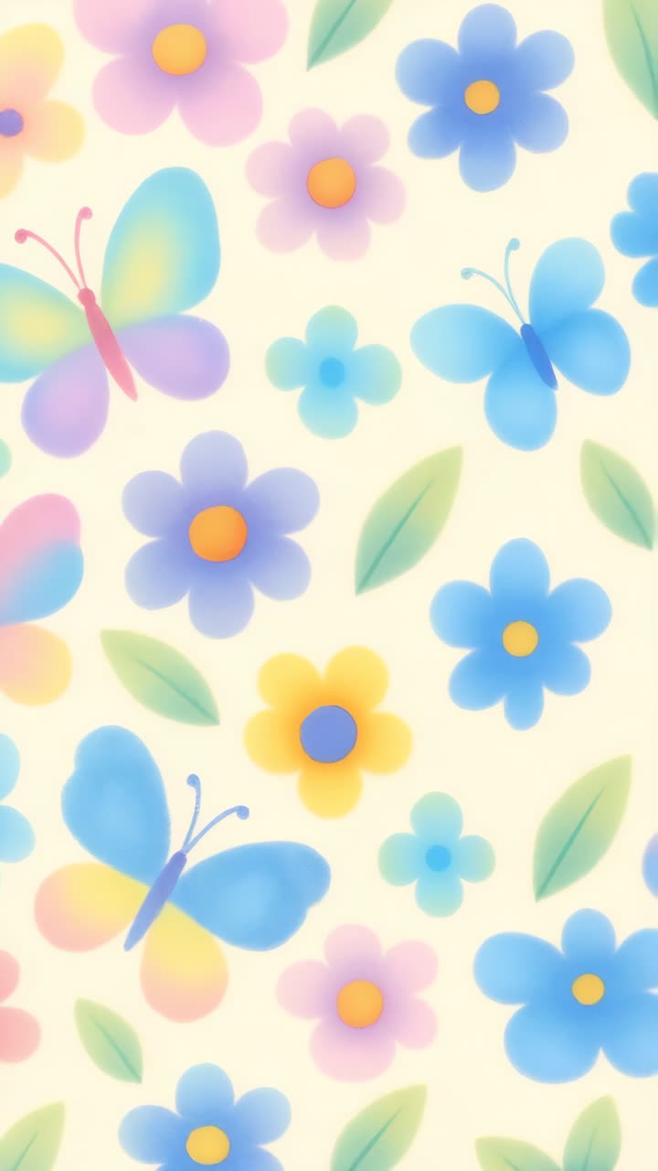 Top-down view of a pastel-themed pattern with butterflies and flowers
