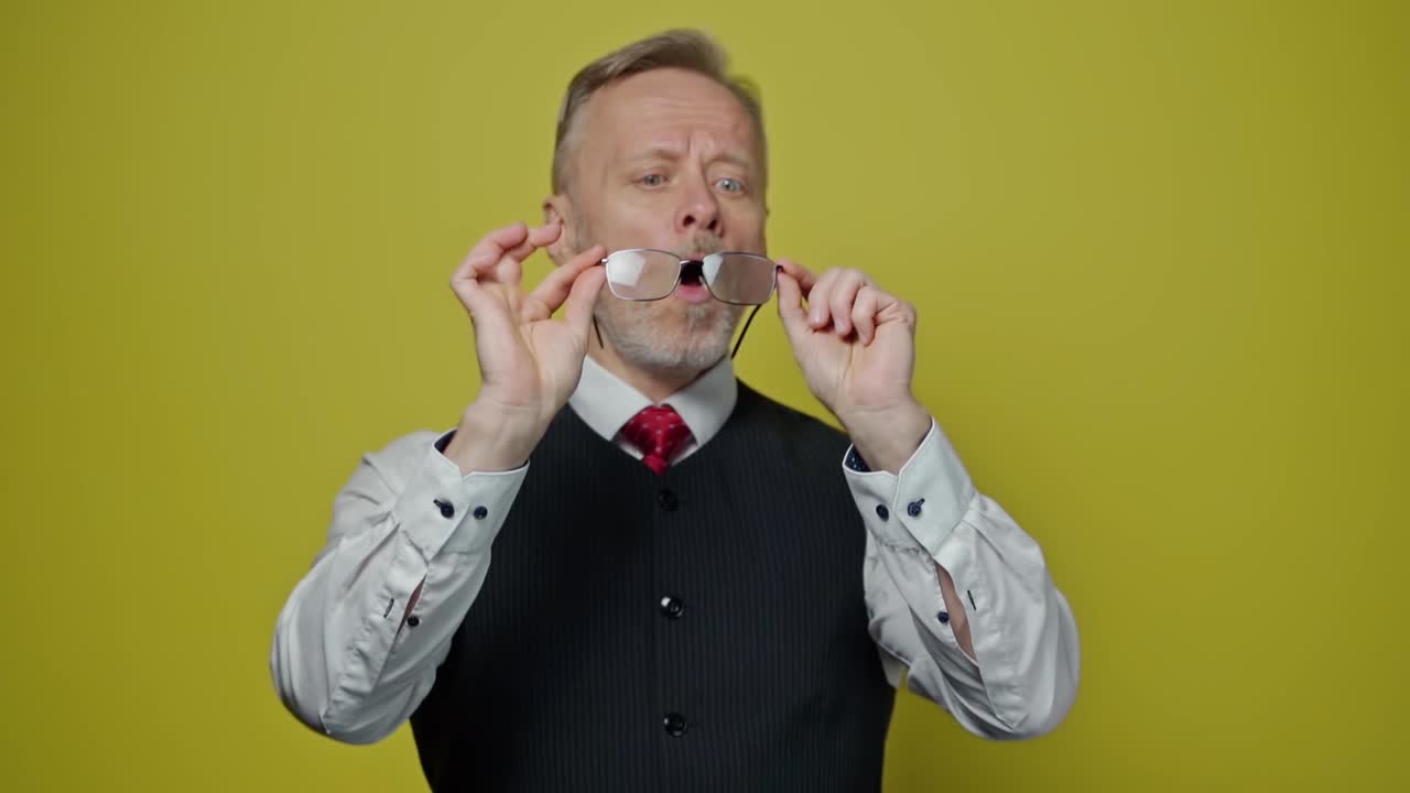 Senior man holds new glasses isolated in yellow studio. Mature man looking attentively at his glasses and becomes happy.