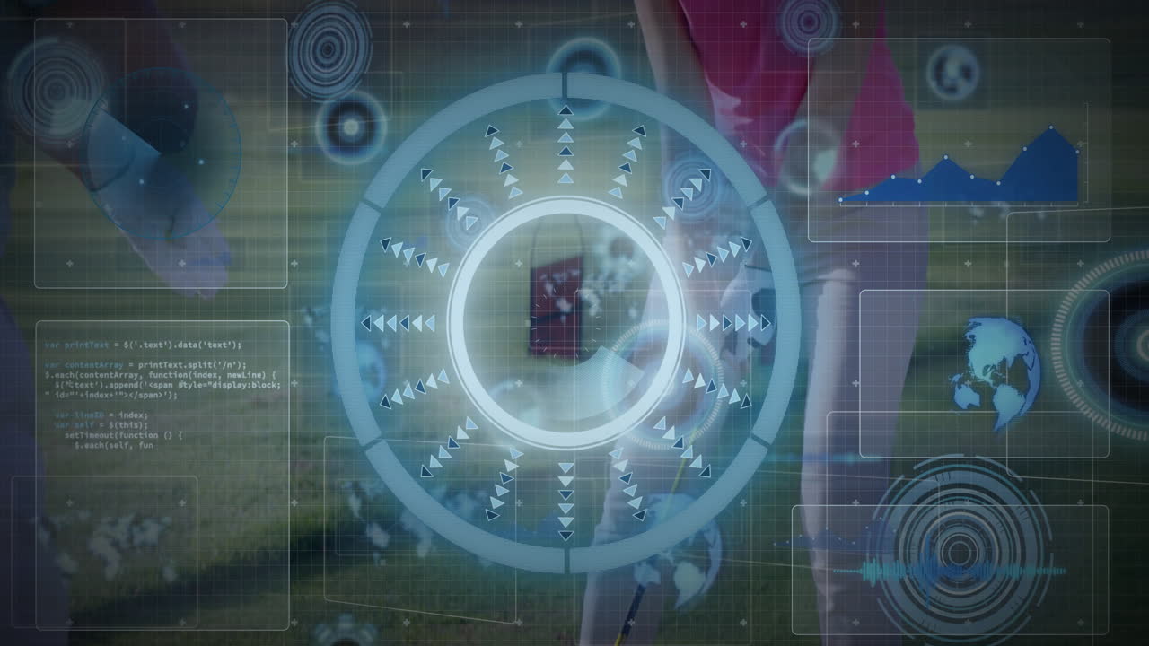 Golfers preparing to swing with digital data processing animation overlay