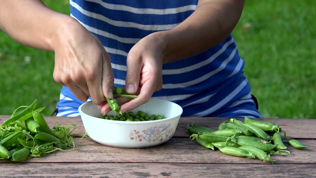 채식주의자 손 포드 데기 나무 테이블에 콩 질 4k