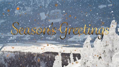 Animation-of-season's-greetings-text-and-snow-falling-with-orange-spots-over-winter-background