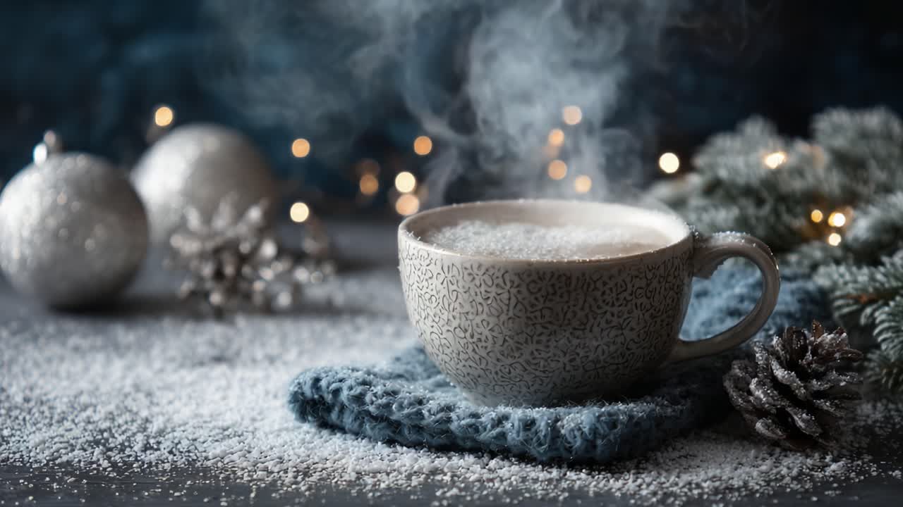 A Cozy and Warm Cup of Hot Beverage Surrounded by Winter Decor and Frosted Pinecones, Perfect for a Relaxing Atmosphere During Cold Months