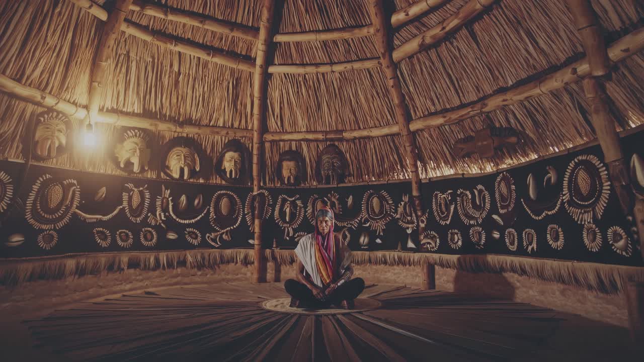 Individual seated in traditional setting, surrounded by intricate wall art and natural textures, engaged in a moment of reflection and tranquility within a cultural space