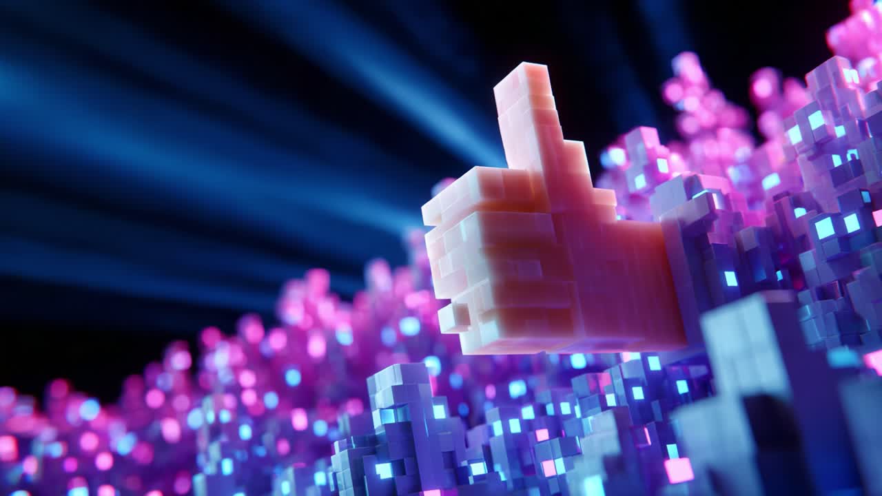 A Vibrant Pixelated Thumbs Up Symbol amidst a Radiant Display of Colorful Lights Reflecting a Sense of Approval and Positivity in a Digital Art Context