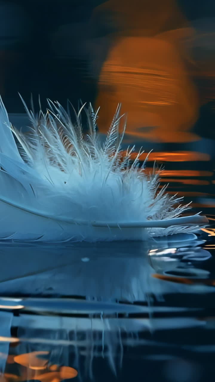 A feather is floating on the surface of a body of water. The water is calm and the reflection of the feather is visible. Concept of tranquility and peacefulness