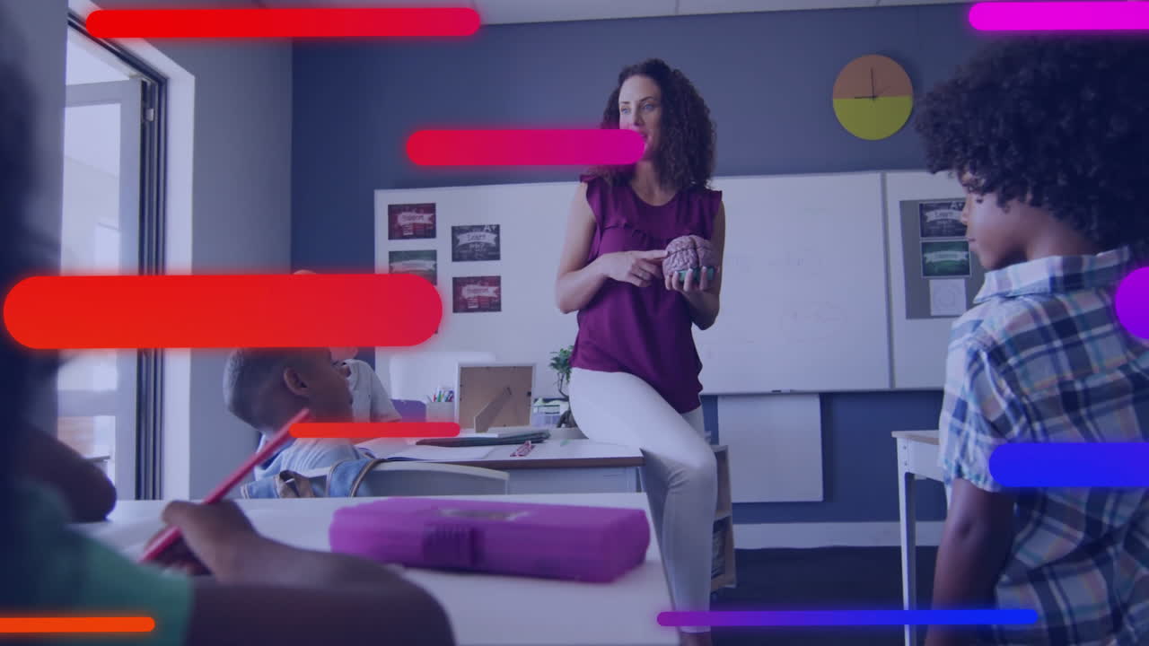 In school, teacher engaging with students, colorful animation lines overlaying scene