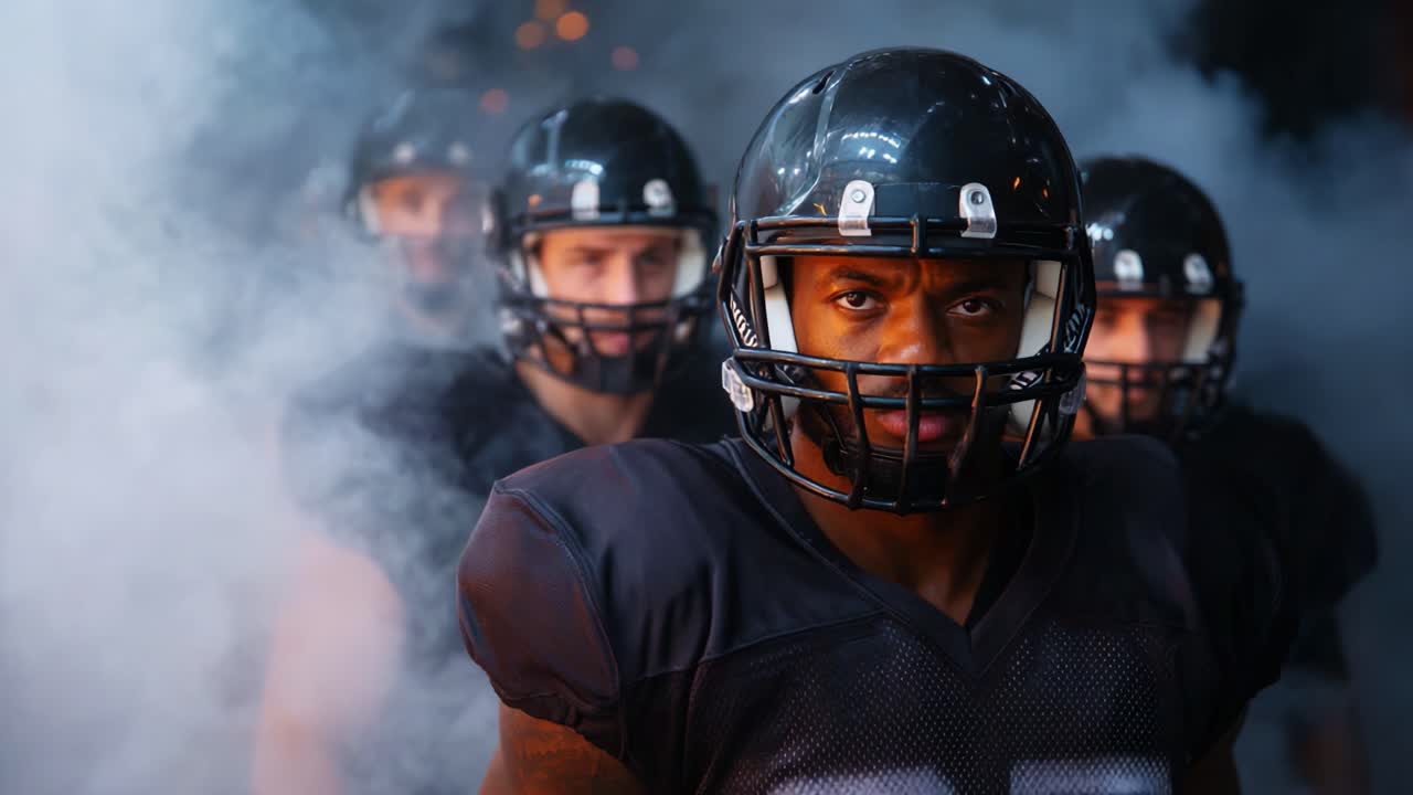 Llegada intensa de un equipo de fútbol americano en la niebla: jugadores concentrados y listos para la batalla con sus feroces uniformes negros antes del partido
