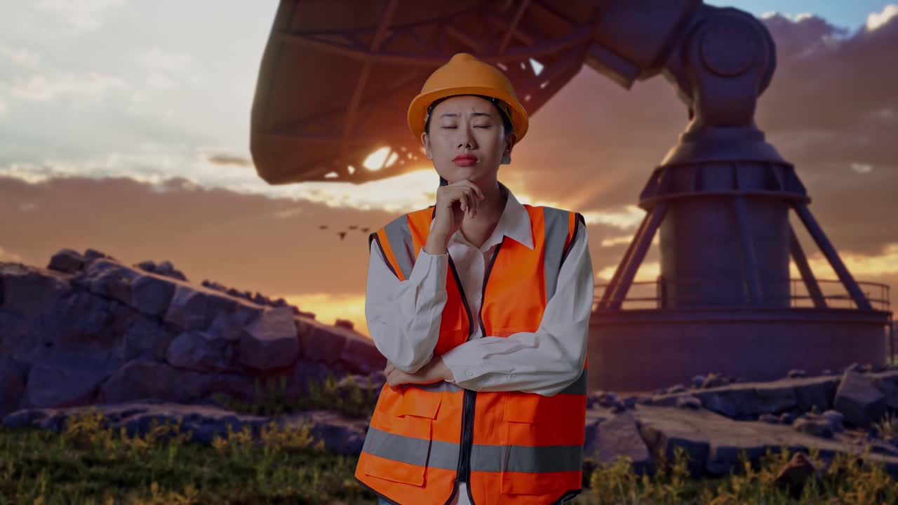 Asian Female Engineer With Safety Helmet Thinking And Looking Around Then Raising Her Index Finger While Standing With Large Satellite Dish