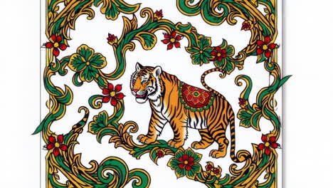 decorative illustration of a tiger with ornate floral and vine patterns