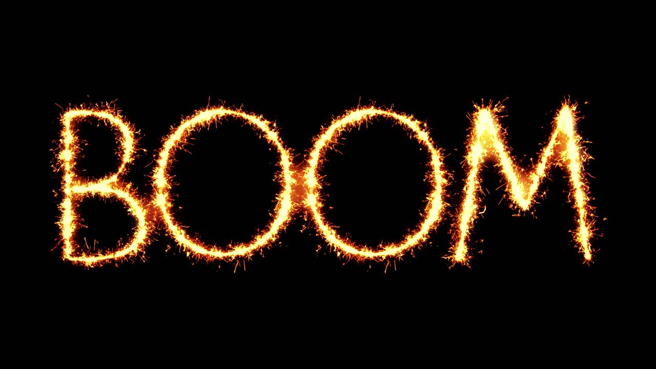 Boom text sparkler writing with glitter sparks particles firework on black 4k loop background