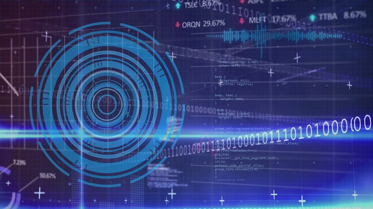 Animation of graph, circles, trading board, binary codes and computer language over blue background