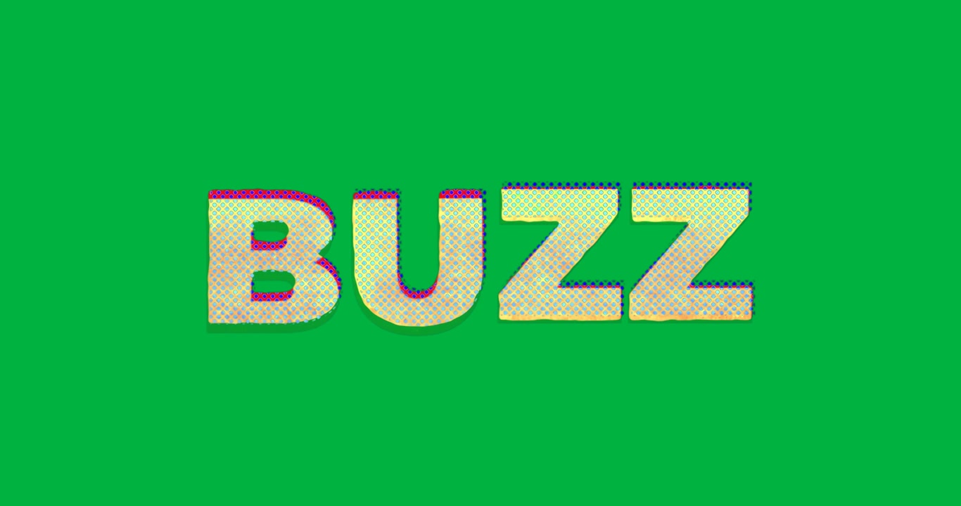 Viser grafisk designtekst BUZZ ved hjælp af gradientprikker med glitch-konturer på en gennemsigtig baggrund.