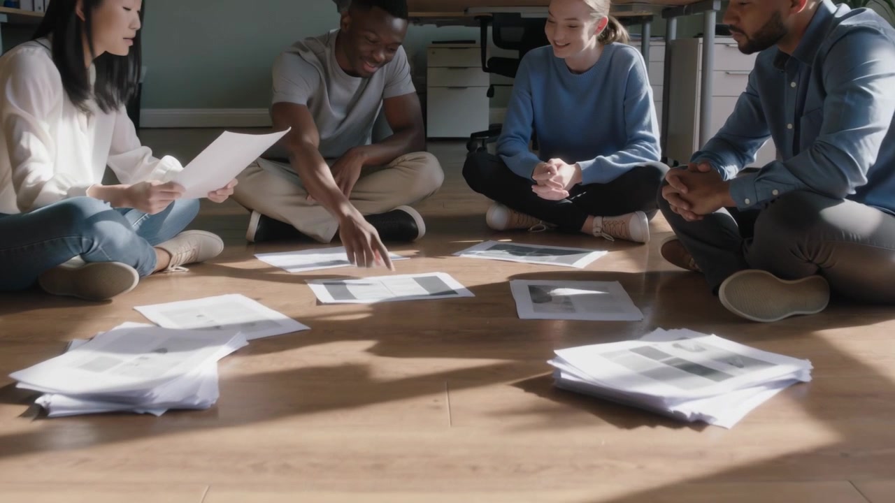 Reaching left woman holding sheet, team in casual clothes leaning on office floor, arranging prints
