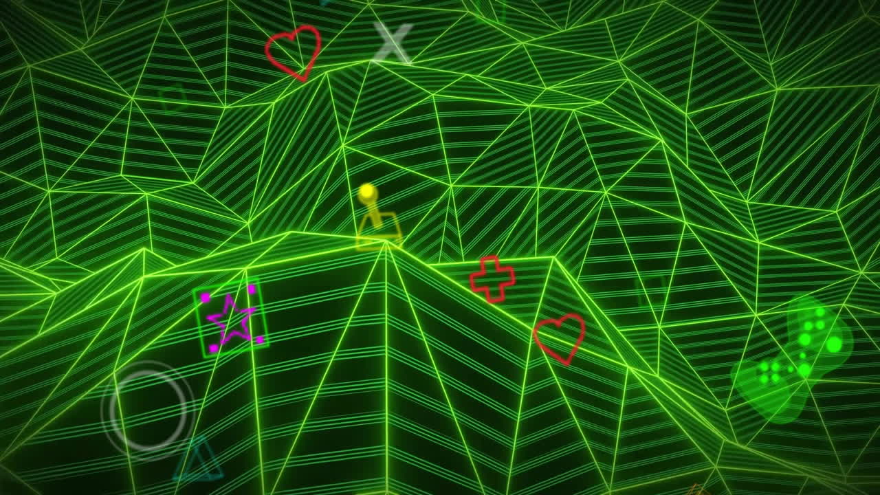 Animation of colourful video gamepad controllers and icons over undulating green network