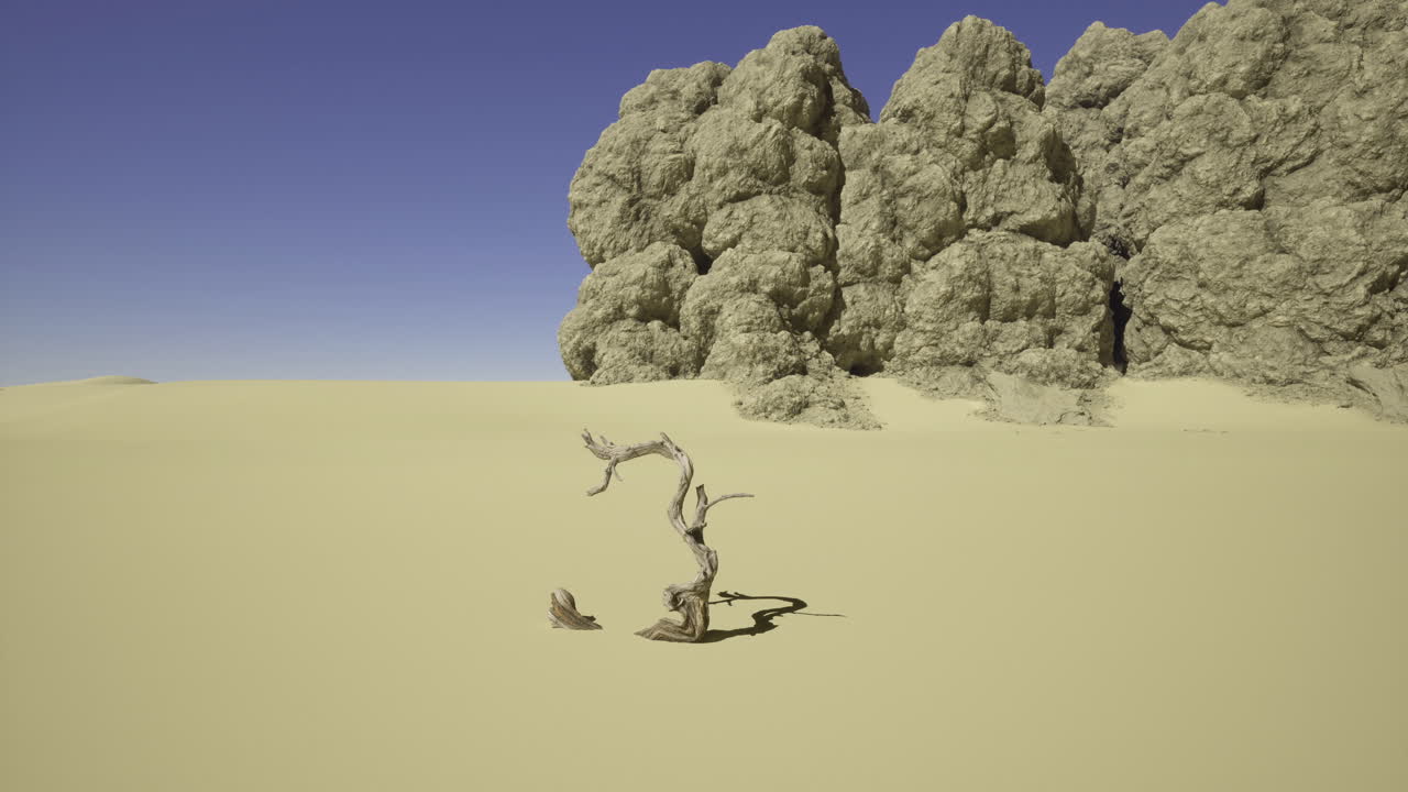 Desolate landscape features twisted tree against rocky formations in desert