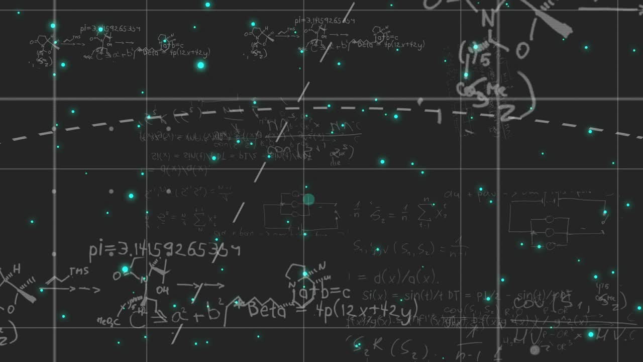 Grid opening with dashed lines before flickering teal dots and forming scientific overlay