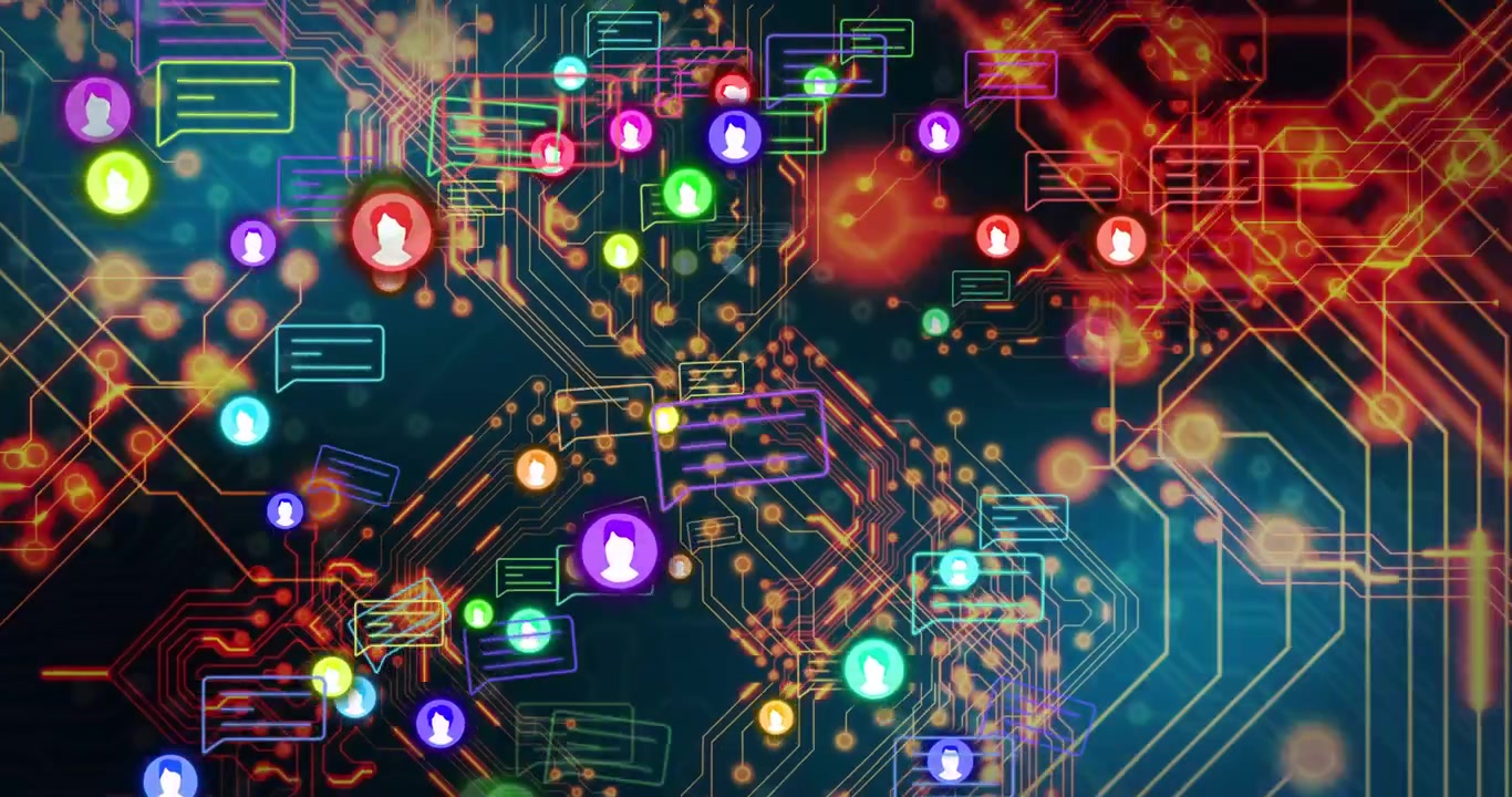 Incoming avatar markers lighting circuits streaming messages clustering to core showing data flow