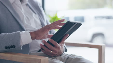 email, research and hands with a tablet for work