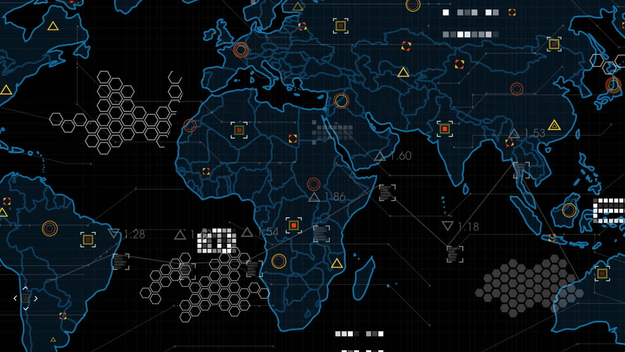 animación del mapa del mundo y procesamiento de datos en fondo negro